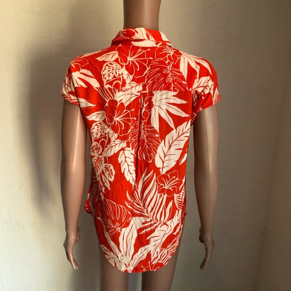 MNG Mango Orange/Cream Oversized Flowy Tropical Printed Shirt Women’s Size 4 Top - Picture 2 of 16